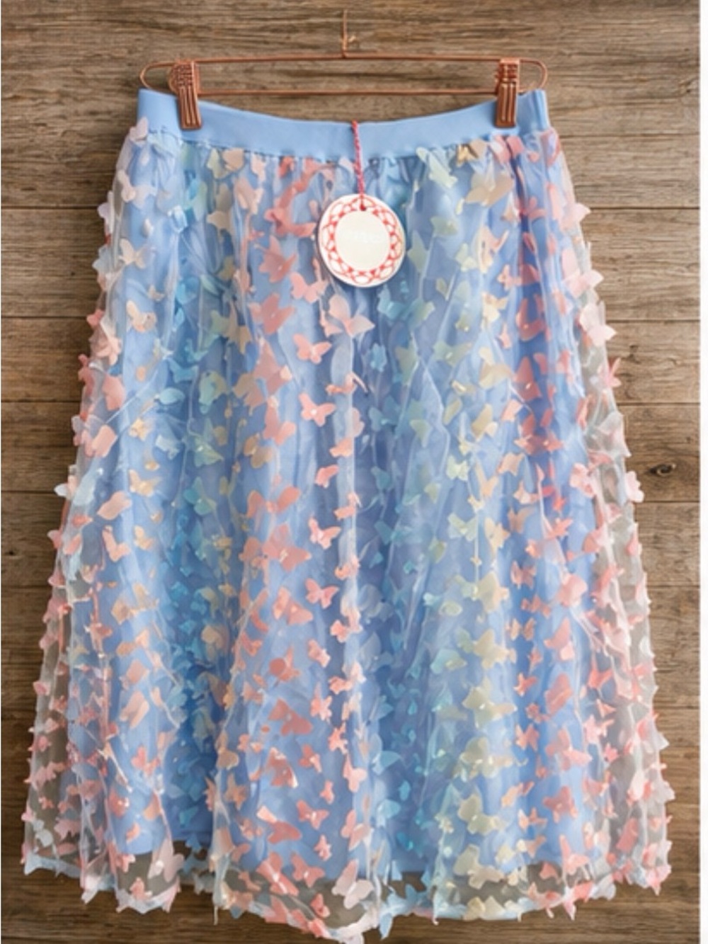 Umgee Butterfly Tulle Midi Skirt Blue Small NWT 3D Appliqué